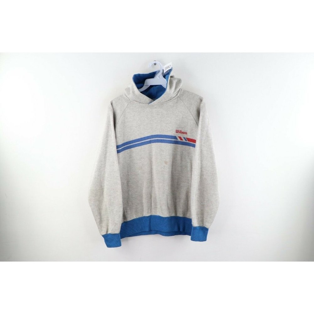 Vintage 80s Wilson Mens Small Spell Out Striped Triblend Hoodie Sweatshirt Gray